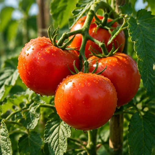 Ripe red tomatoes with water droplets growing on a leafy vine