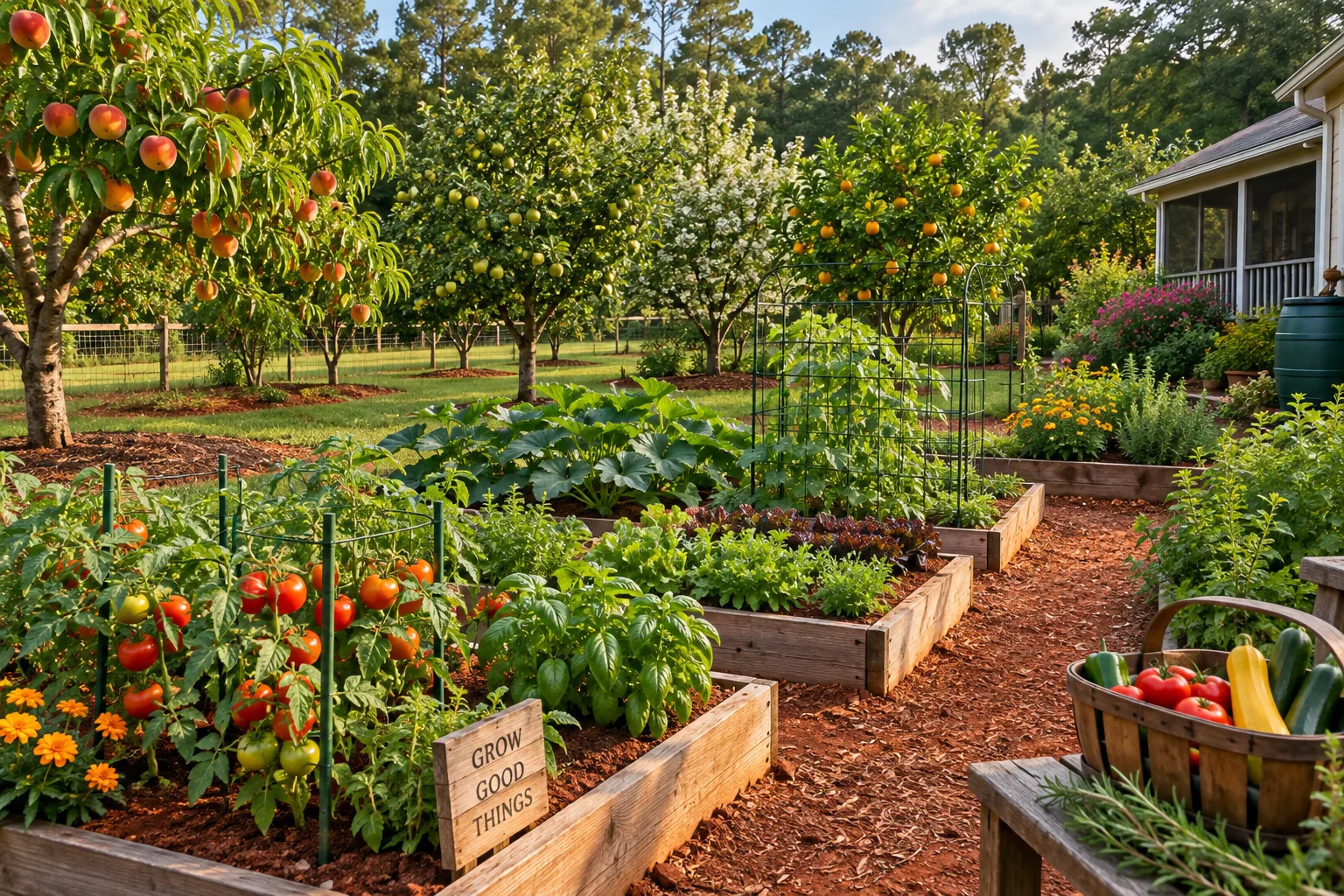 Vegetable beds and young fruit trees in a backyard garden