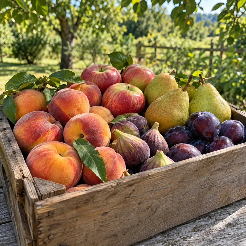 A wooden crate of apples, peaches, pears, and plums in an orchard