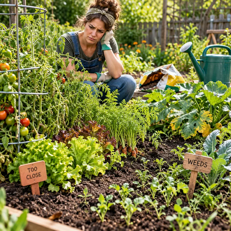 A gardener inspecting crowded vegetable beds and weeds