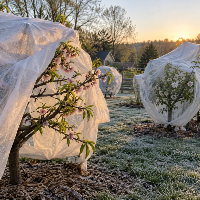 Young fruit trees covered with frost cloth in a frosty orchard