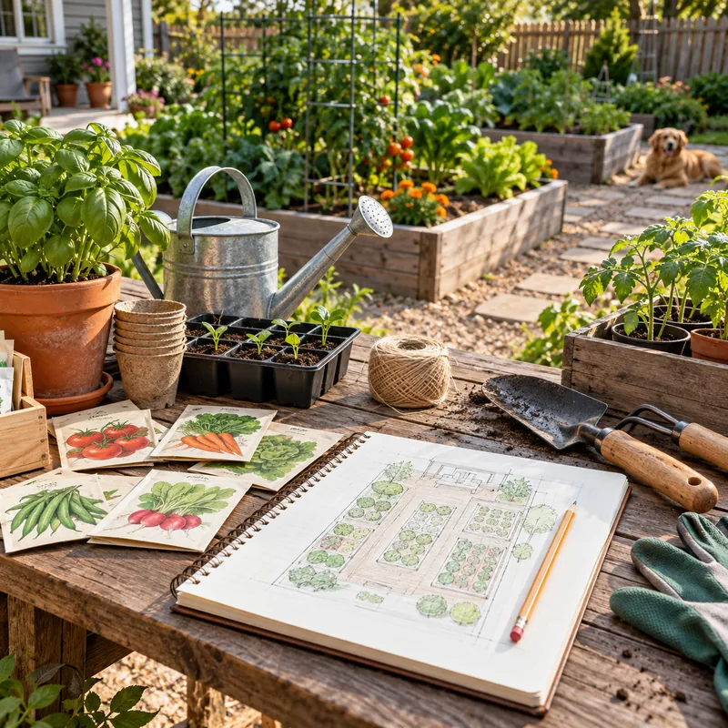 A notebook with a garden bed plan beside seedlings and hand tools