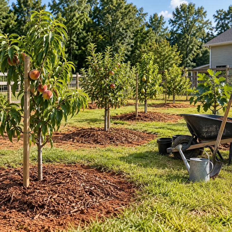Young fruit trees planted in rows with mulch around their bases