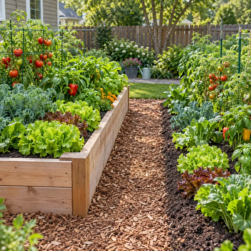 Raised vegetable beds beside a mulched path and in-ground plantings
