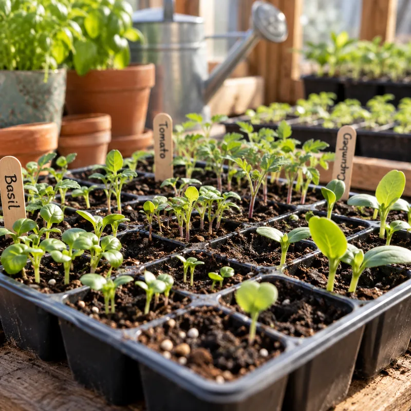 Small seedlings growing in labeled seed-starting trays