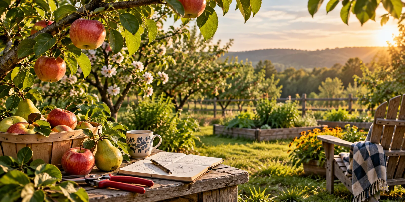 Backyard orchard in Northwest Alabama with fruit trees, fresh harvest, and a gardening journal.